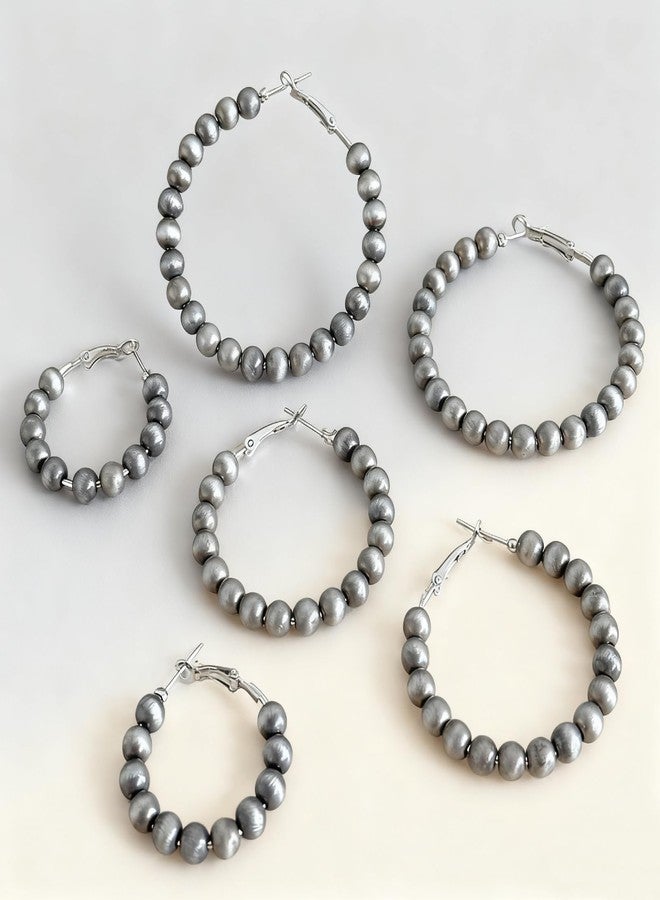 YLZZMDQSZ 3 Pairs Navajo Pearl Hoop Earrings, Western Cowgirl Jewelry for Women, Vintage Beaded Hoops Navajo Pearl Earrings with 3 Sizes, Country Concert Gifts for Women - Image 5
